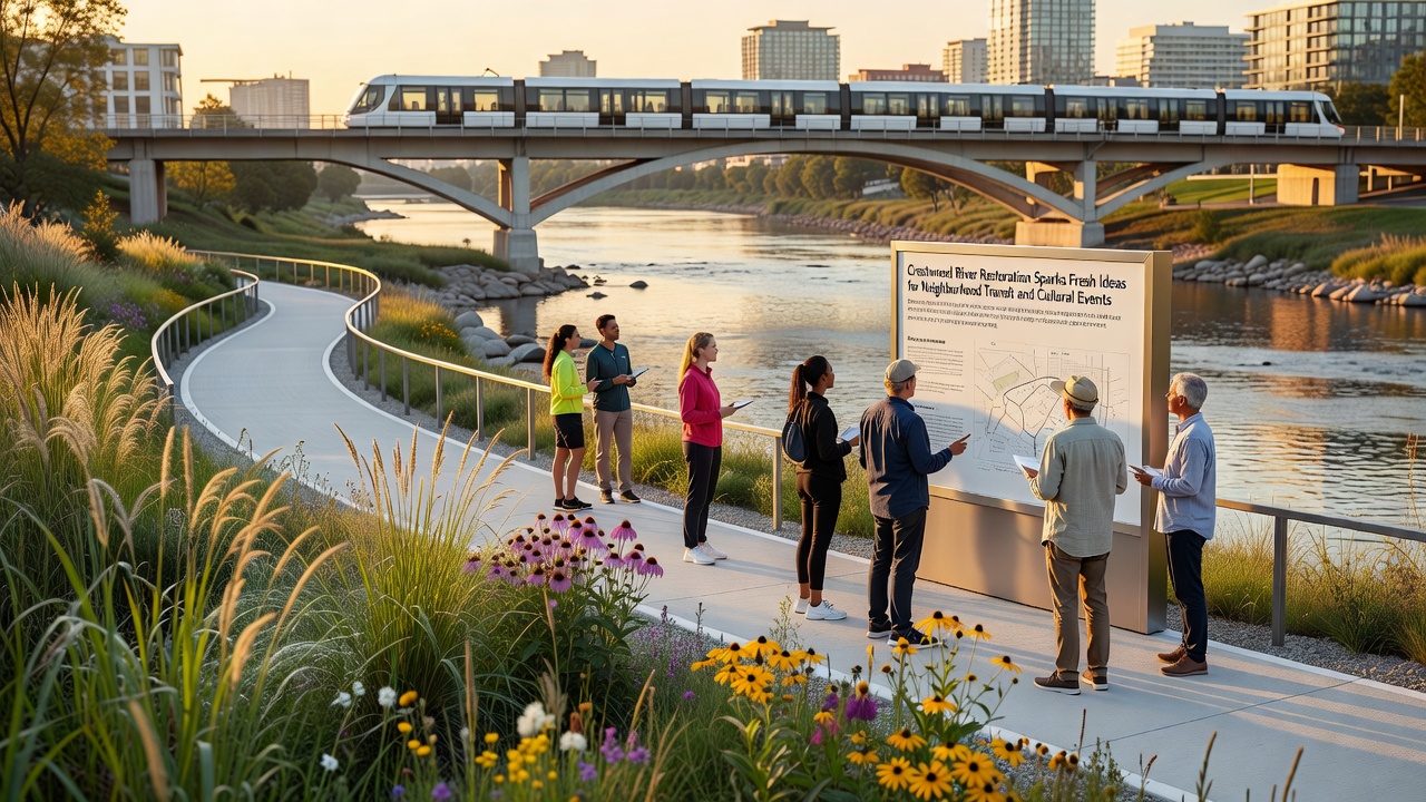 Community members gathered near the Crestwood River for a trial cultural event with temporary installations and pathways