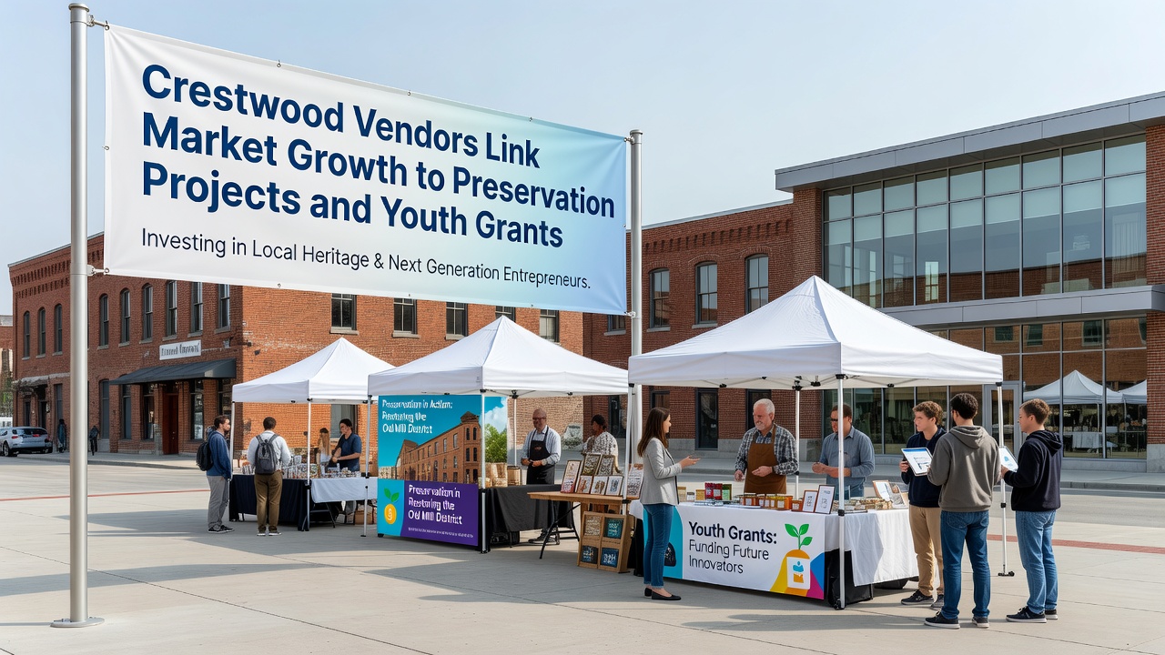 Restored historic building in Crestwood with vendor stalls nearby and youth volunteers assisting at a community event
